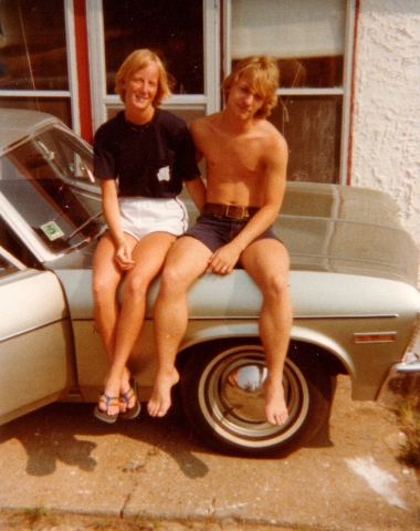 Pam Cook and Mark Riffe, Kill Devil Hills, NC, summer after graduation.  We are sitting on Eric Griesingers Chevy Nova.